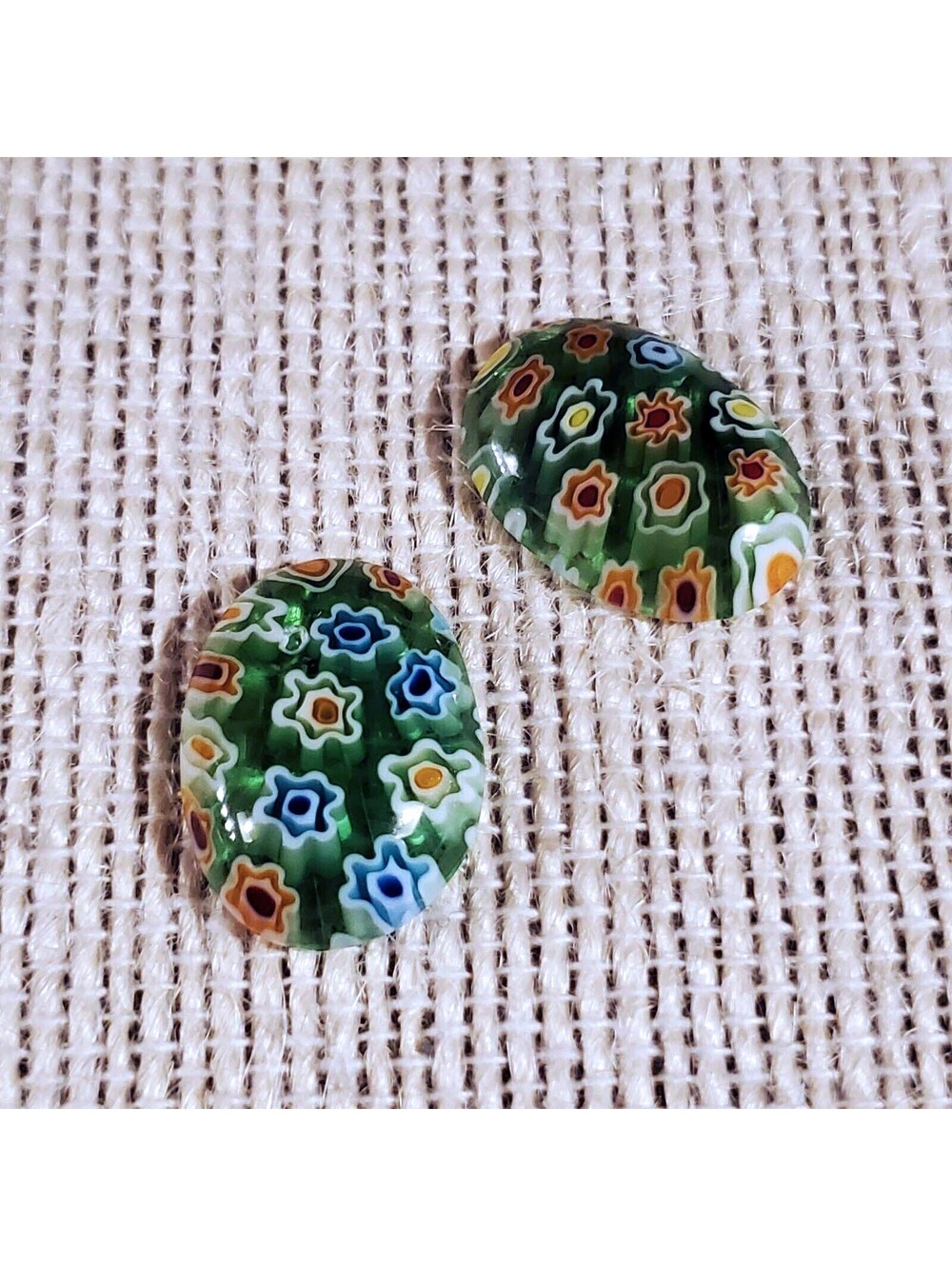 Millefiori Art Glass Cabochons 18x13mm Oval Green Multi White Flowers 2 pcs